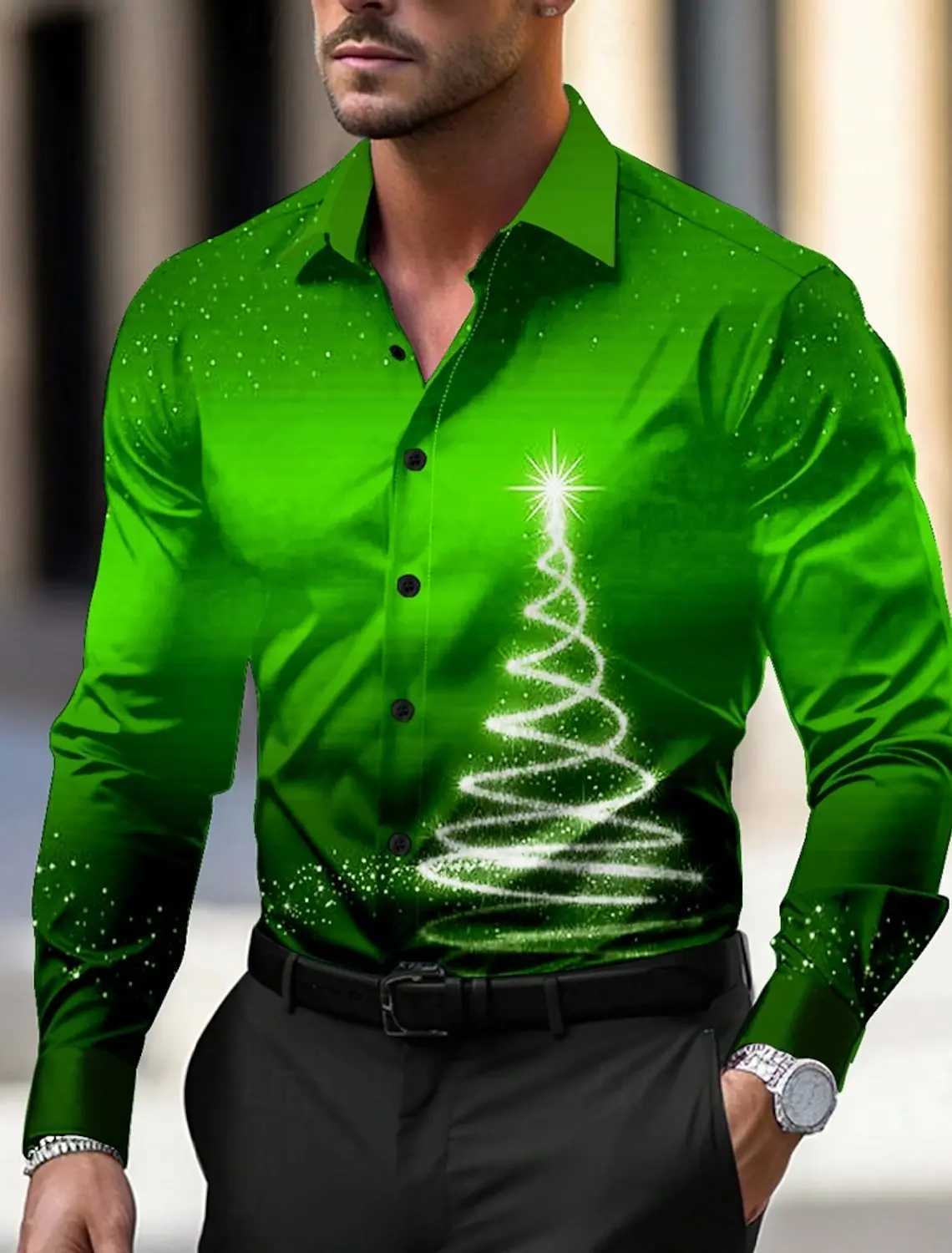 Christmas Theme Mens Christmas Trees Printed Shirts Snowflake Gradient Graphics Button Up Long Sleeve Shirts Fashion Tops ThinXJ24113