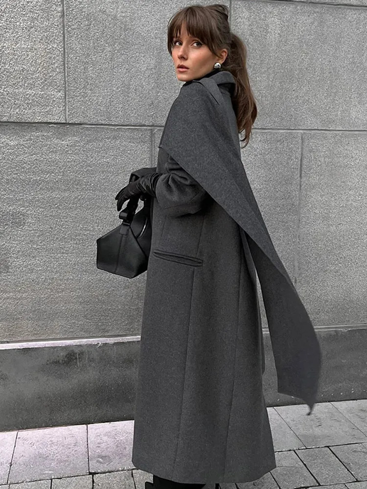 Fashion Oversized Full Sleeve Big Scarf Collar Women Overcoat Elegant Solid Pocket Double Breasted Coat Lady 2024 Commuting Wear 241113