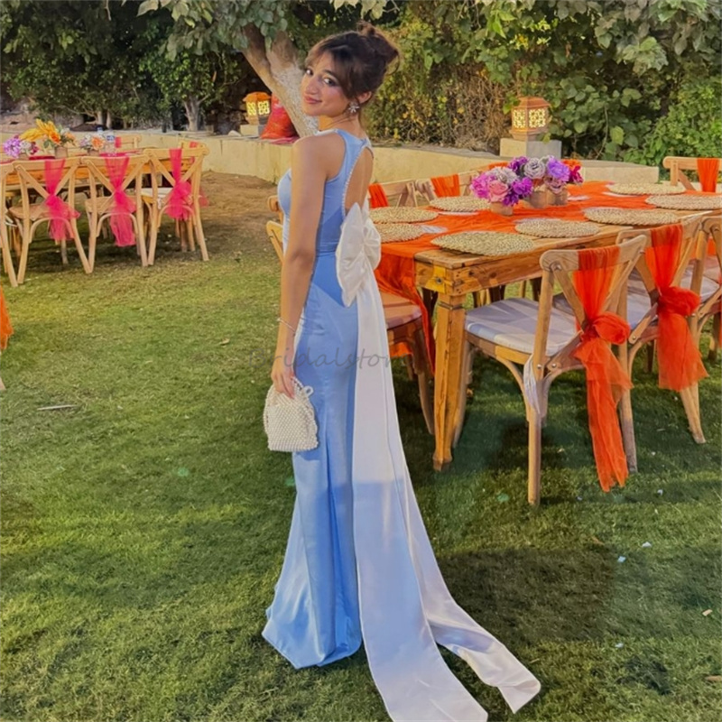 Charming Blue Evening Dress With Big Bow Sexy Open Back Mermaid Prom Dress Sleeveless Formal Birthday Party Gowns Vestidos De Fiesta 2025 Robes Soiree