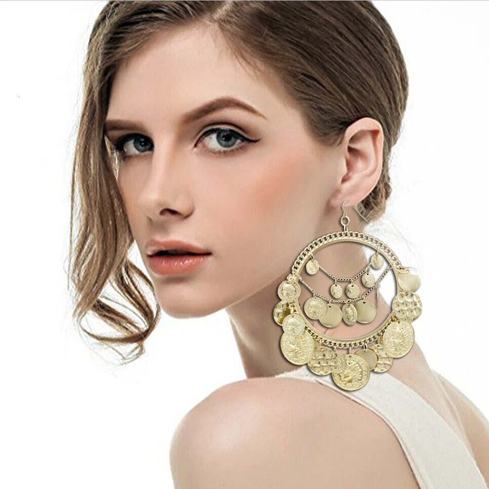 Vintage Tribal Coins Big Hoop Dangle Earrings For Women Geometric Punk Tassel Ear Pendants Jewelry Accessories Friendship Gifts 241113