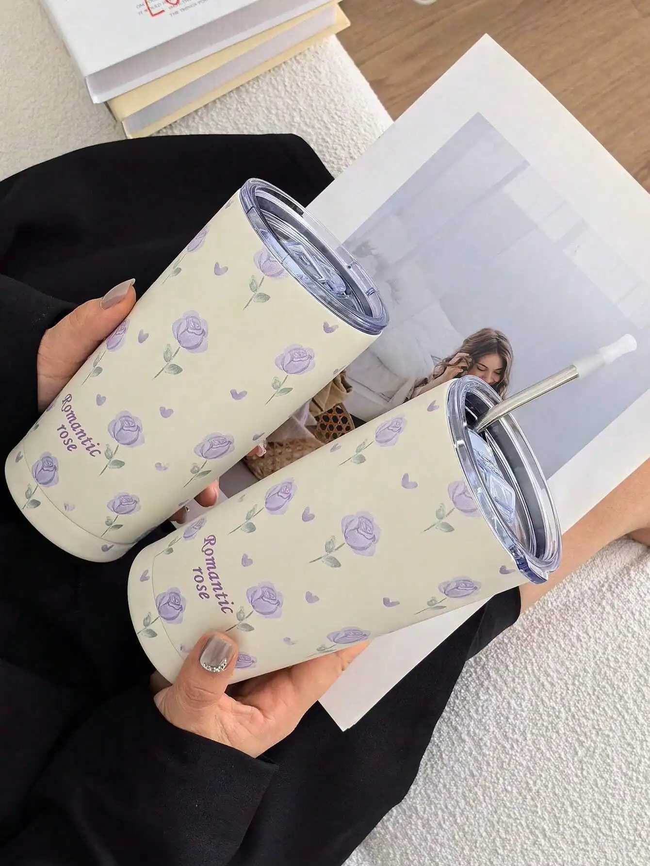 1PC 550ml rose patterned double-layer stainless steel hot cup g coffee cup water bottle travel g Halloween/Christmas/ Y241114