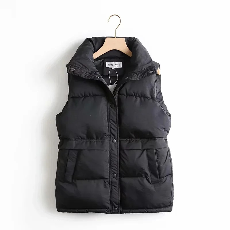Autumn Winter Women Solid Loose Vest Drawstring Stand Collar Long Jacket Cotton Padded Windproof Warm Waistcoat 241113