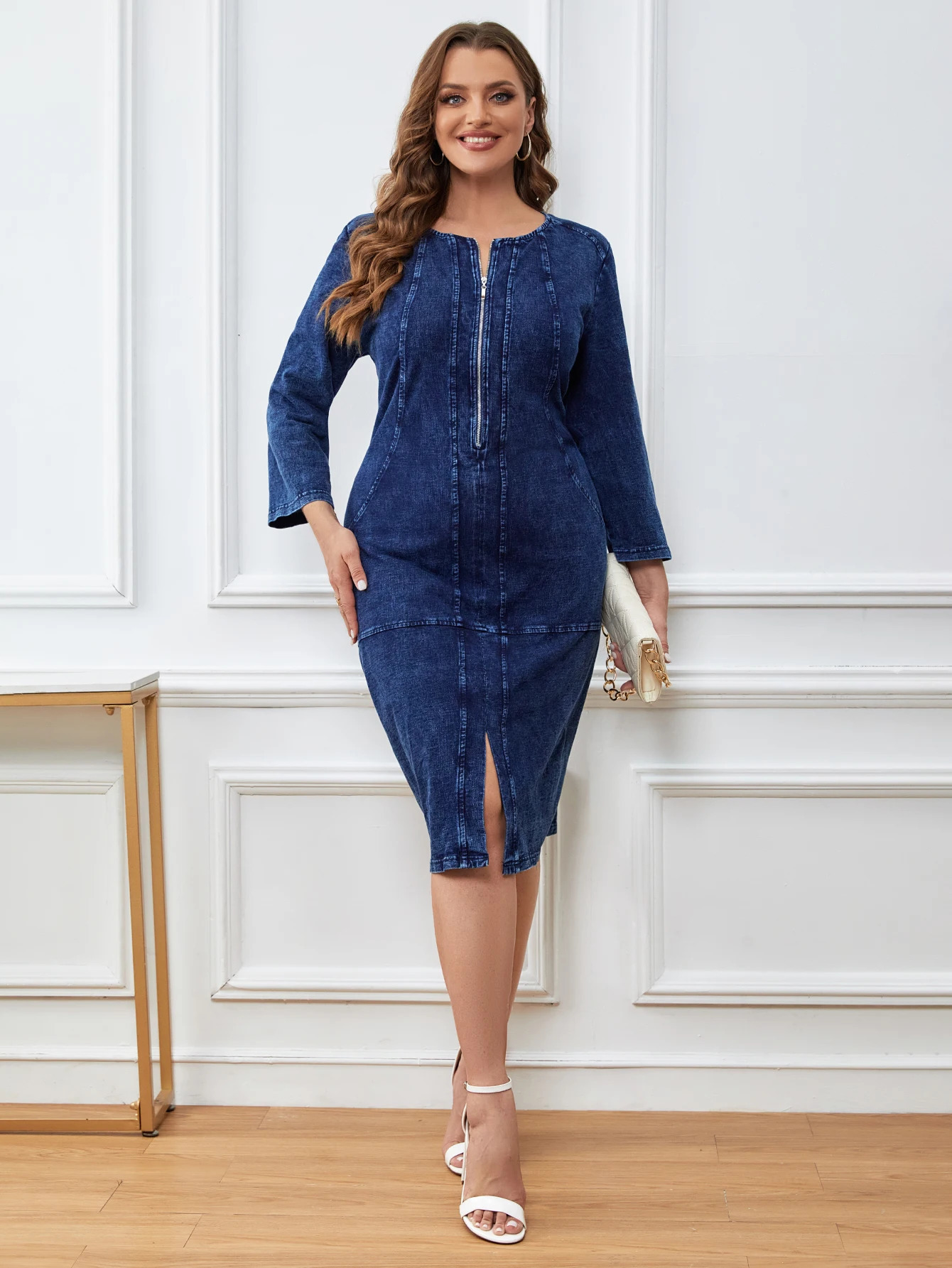 LIH HUA Womens Plus Size Denim Dress Autumn Chic Elegant Dresses For Chubby Women Cotton Knitted Dress 240407