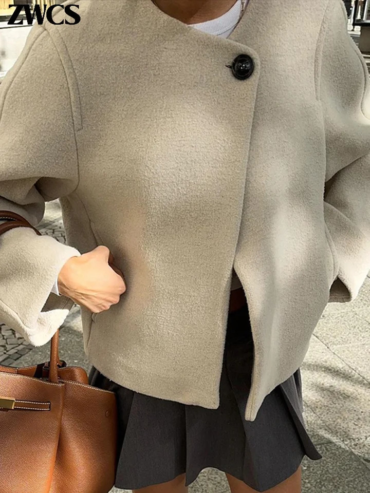 Elegant Short Woolen Coat Loose One Button Oneck Long Sleeve Jackets 2024 Autumn Winter Female Chic Streetwear 241113
