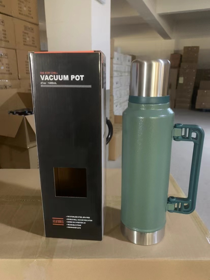 1Pc 1400Ml 47Oz Double Wall Vacuum Stainless Steel With Handle And Lid, Leakproof Water Bottle For Outdoor Camping