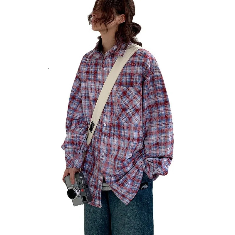 Mens fashion long sleeved brushed plaid shirt mens blue casual slim fit button down plain weave oversized mens plus size shirt 241113