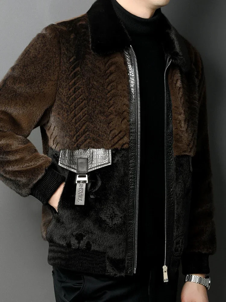 Winter Mens Fashion Fur Warm Jacket Mens Collar Patch Work Jacket Mens Genuine Fur Casual Jacket F467 241113