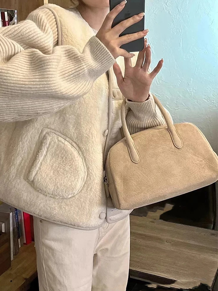 MABULA Genuine Suede Leather Top Handle Purse For Women Vintage Boston Handbag Fashion Bohemian Lady Phone Bag 241114