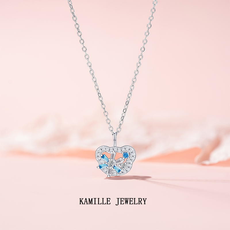 Original Design Winter Sequence Small Crystals Necklace - Women's Bear Motif Pendant with Zirconia and Stainless Steel Choker