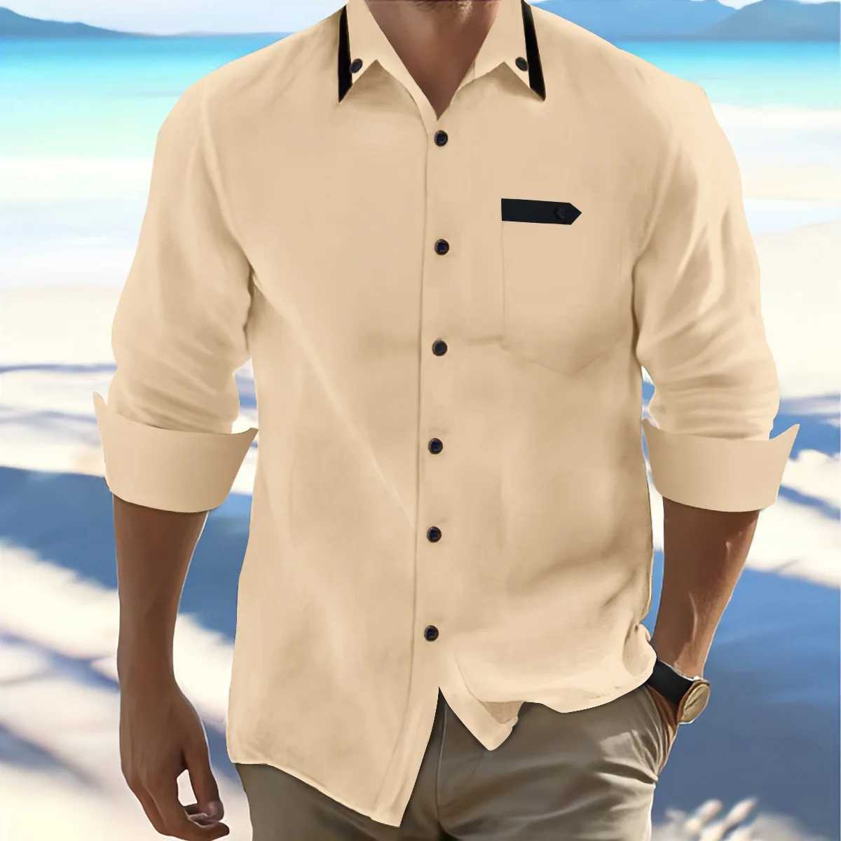 Spring and Autumn New Mens solid color leisure travel commuter long-sleeved Shirt loose lapel TopXJ24113