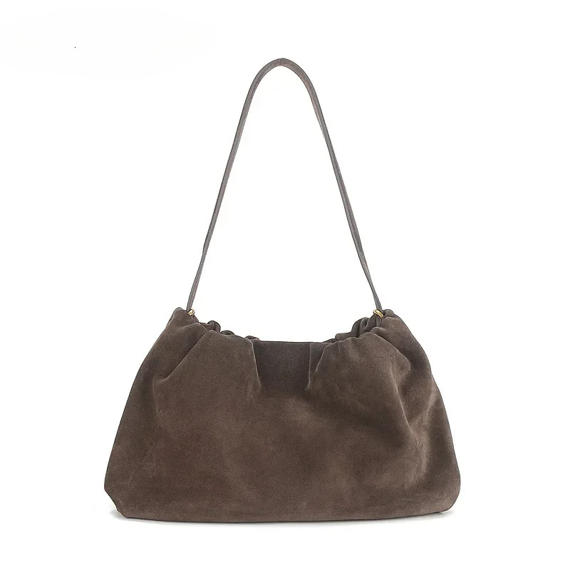 Ruched Korean Coffee Designer Armpit Shoulder Bag 2 Straps Real Matte Suede Cow Leather Women Handbag Chamois Tote Suede BagVoyage