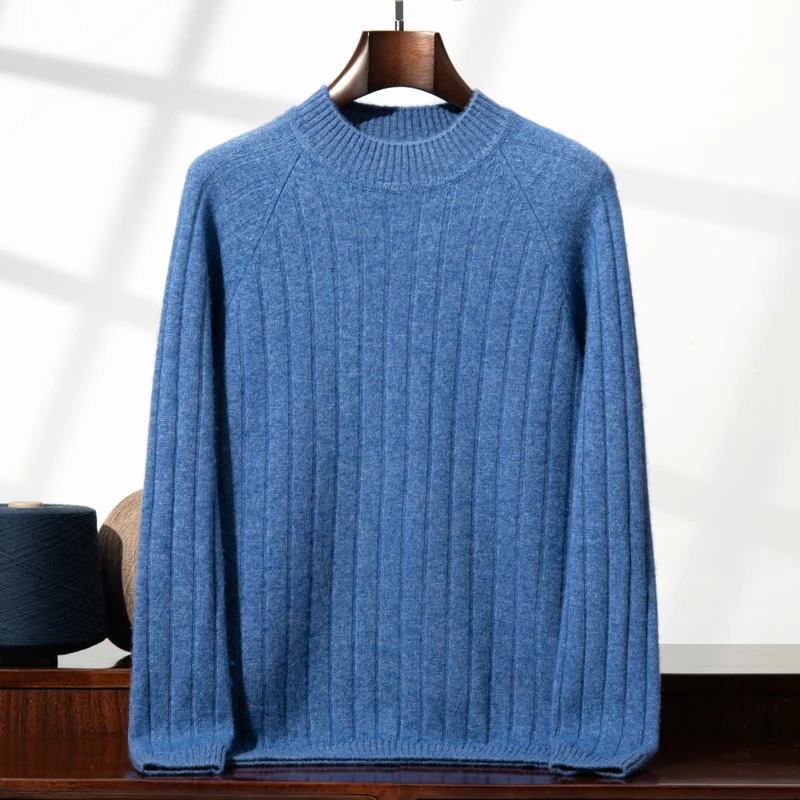 ZOCEPT 100% cashmere brushed mens winter thick warm knitted solid color semi navy blue collar long sleeved cashmere sweater 241113