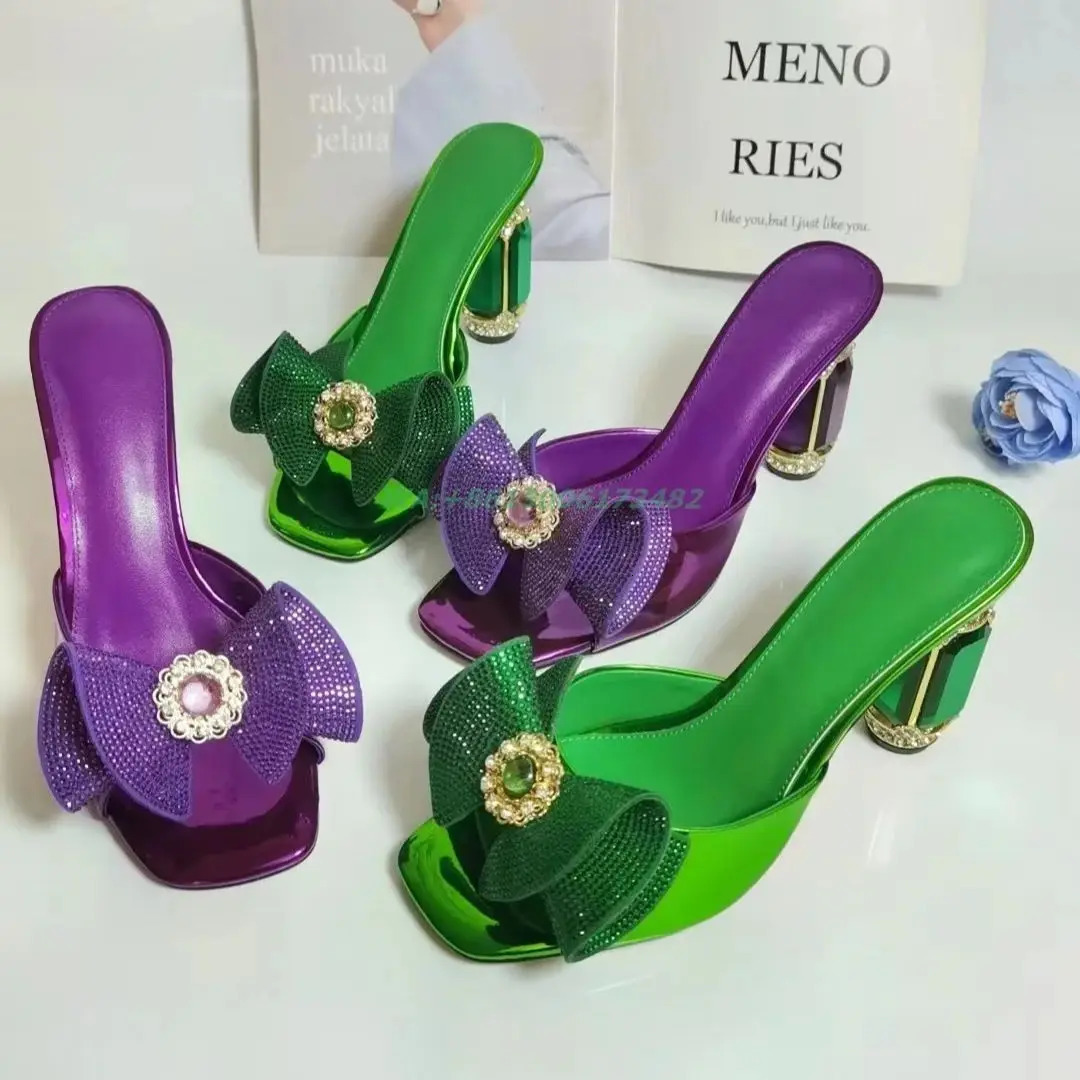 Jade Diamond Candy Bow Womens Dress High Heels Slide Toe Jewelry Water Diamond Outdoor Slide 241113