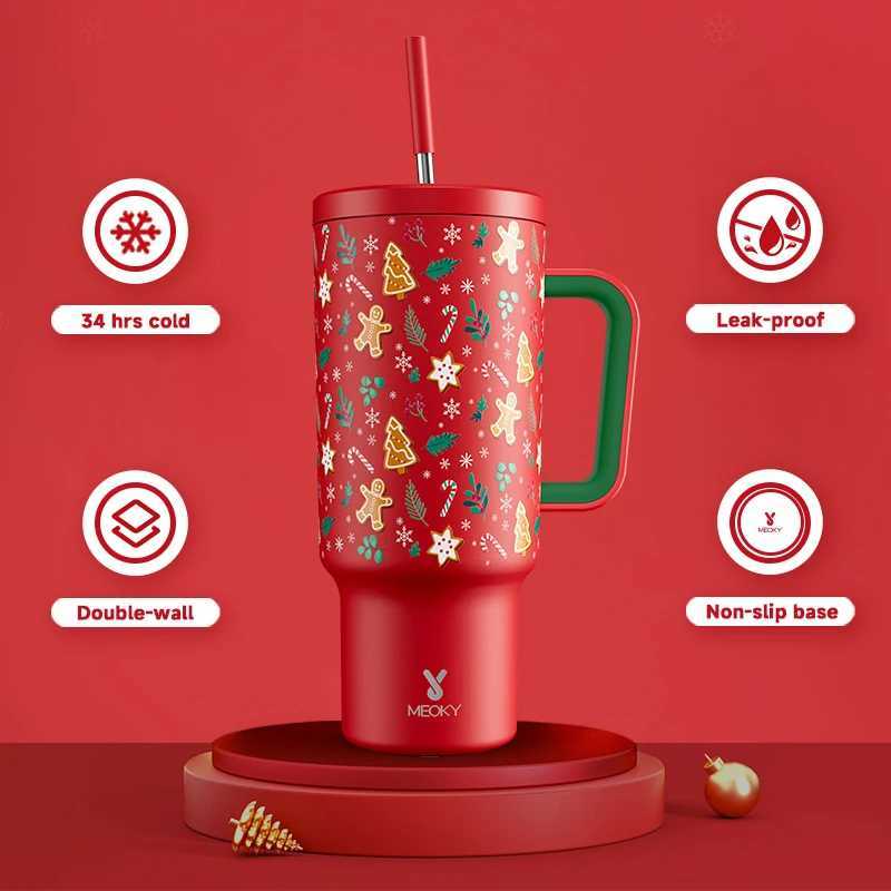 Meoky 40oz handle straw hot cup Mtiple printed stainless steel bottle vacuum cleaner car g best Christmas gift Y241114