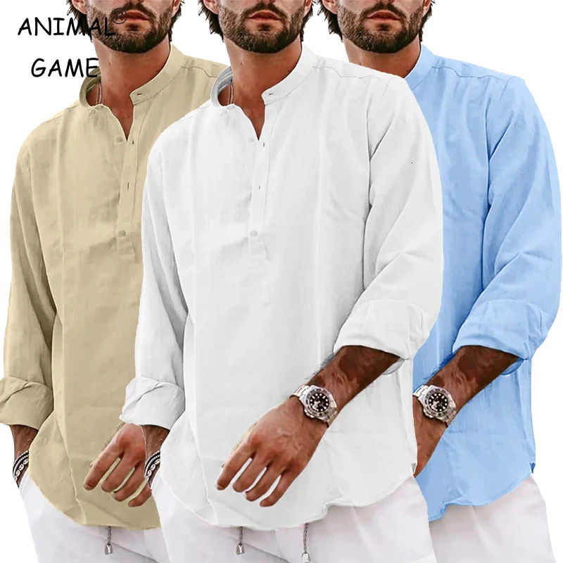 Mens Long Sleeve Cotton TShirts Lightweight Streetwear Henley Linen Shirts for Men Breathable Oversized Solid Color Tops 241108