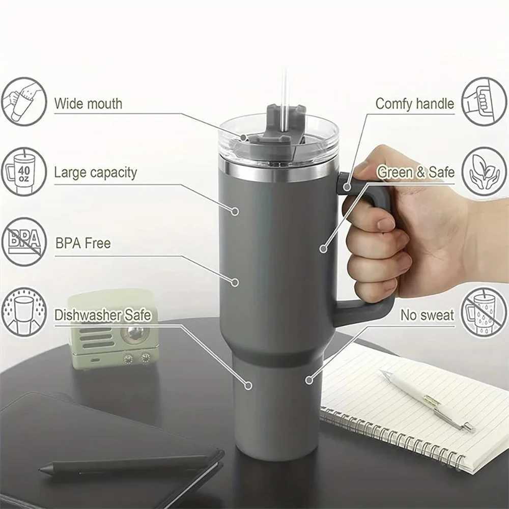 40 ounce stainless steel hot cup for holding hot and cold water bottles with handle and straw for hot g car leak proof Y241114