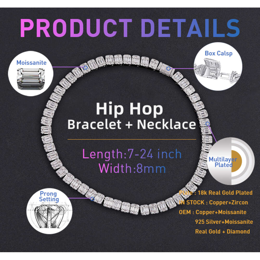moissanite chain Factory 10mm VVS Moissanite Baguette Diamond Cluster Tennis Chain Necklace Bracelet Iced Out Clustered Women Men Jewelry
