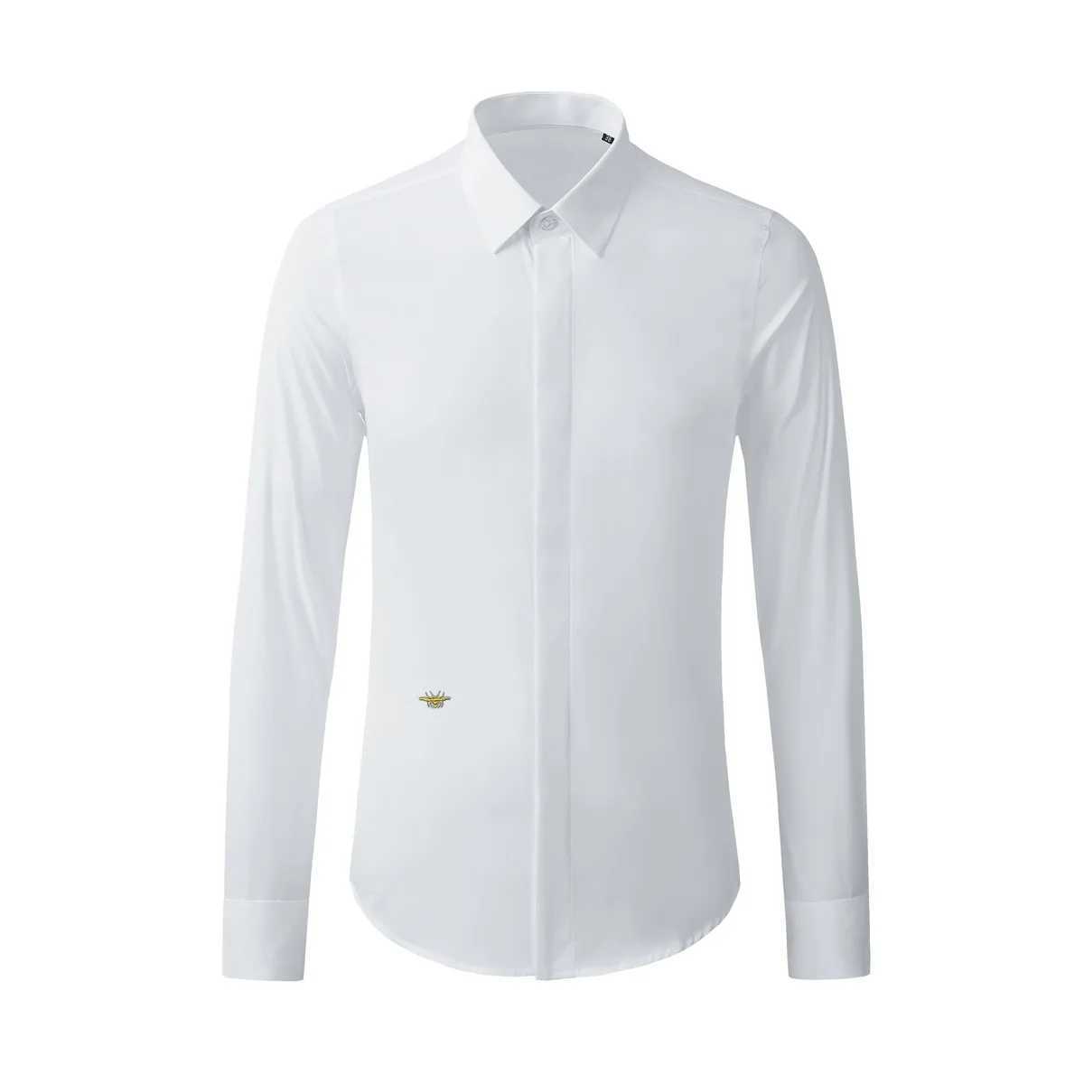 High End Gold Bee Embroidered Business Shirts Mens Solid Color Long Sleeved Banquet Party Shirt Versatile Casual White TopsXJ24113