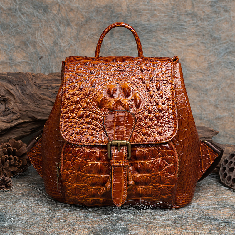 Vintage Women Genuine Backpack Crocodile Pattern Women's Real Cow Leather Bagpac Anti-Theft Ladies Travel Bag Genuine Leather BagVoyage