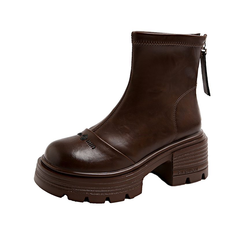 Korean Version Autumn Leather Mid Heel Versatile Martin Boots.
