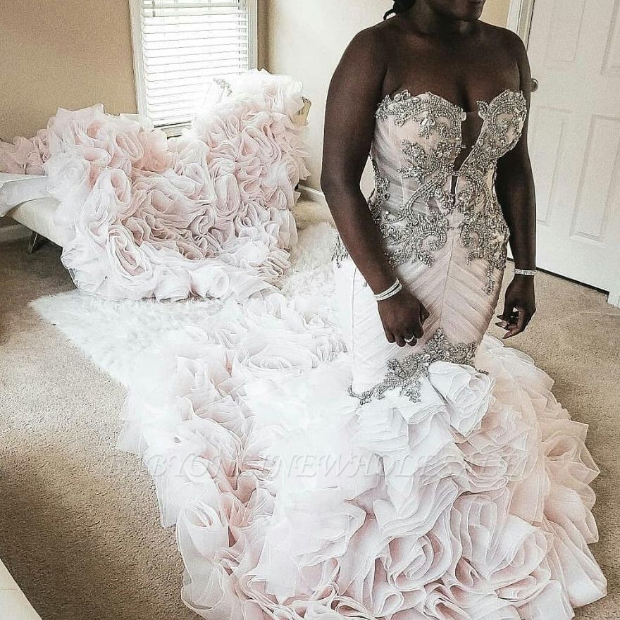 Pink Puffy Mermaid Wedding Dresses Sweethear Strapless Lace Appliques Boho Beach Princess Bridal Gowns Vestidos De Novias Plus Size