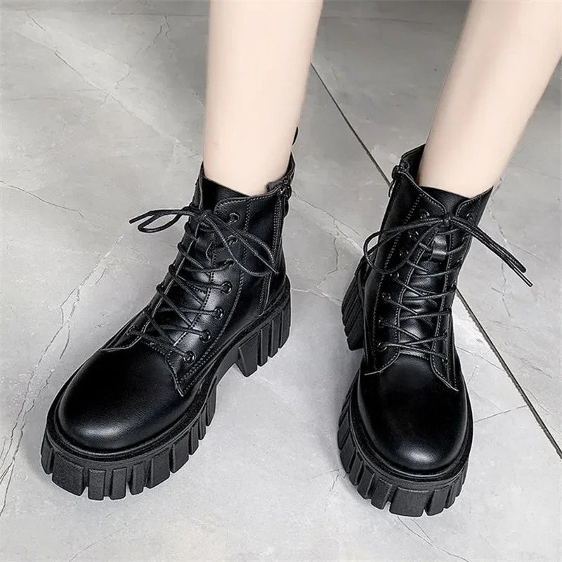 Women White Ankle Boots PU Leather Thick Sole Lace Up Combat Booties Female Autumn Winter Platform Shoes Woman 241113
