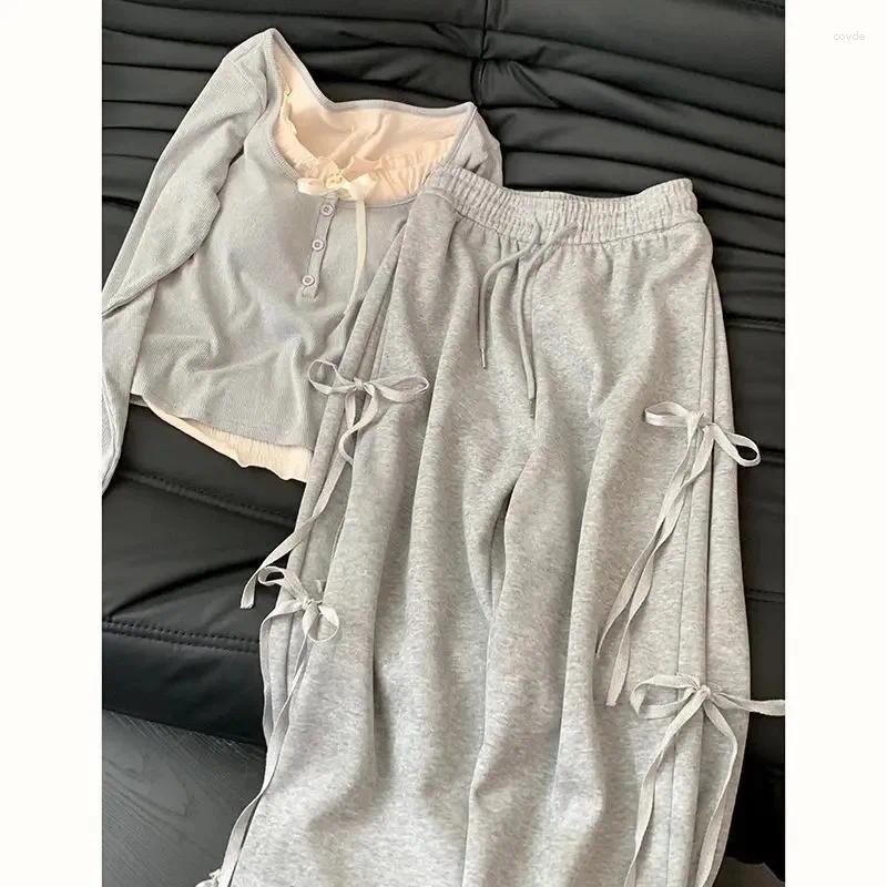Women's Pants Y2k Spring Korean Version Of Wearing A Gray Casual Female Bow Design Super Sweet High Waist Slim Wide Leg Two Piece