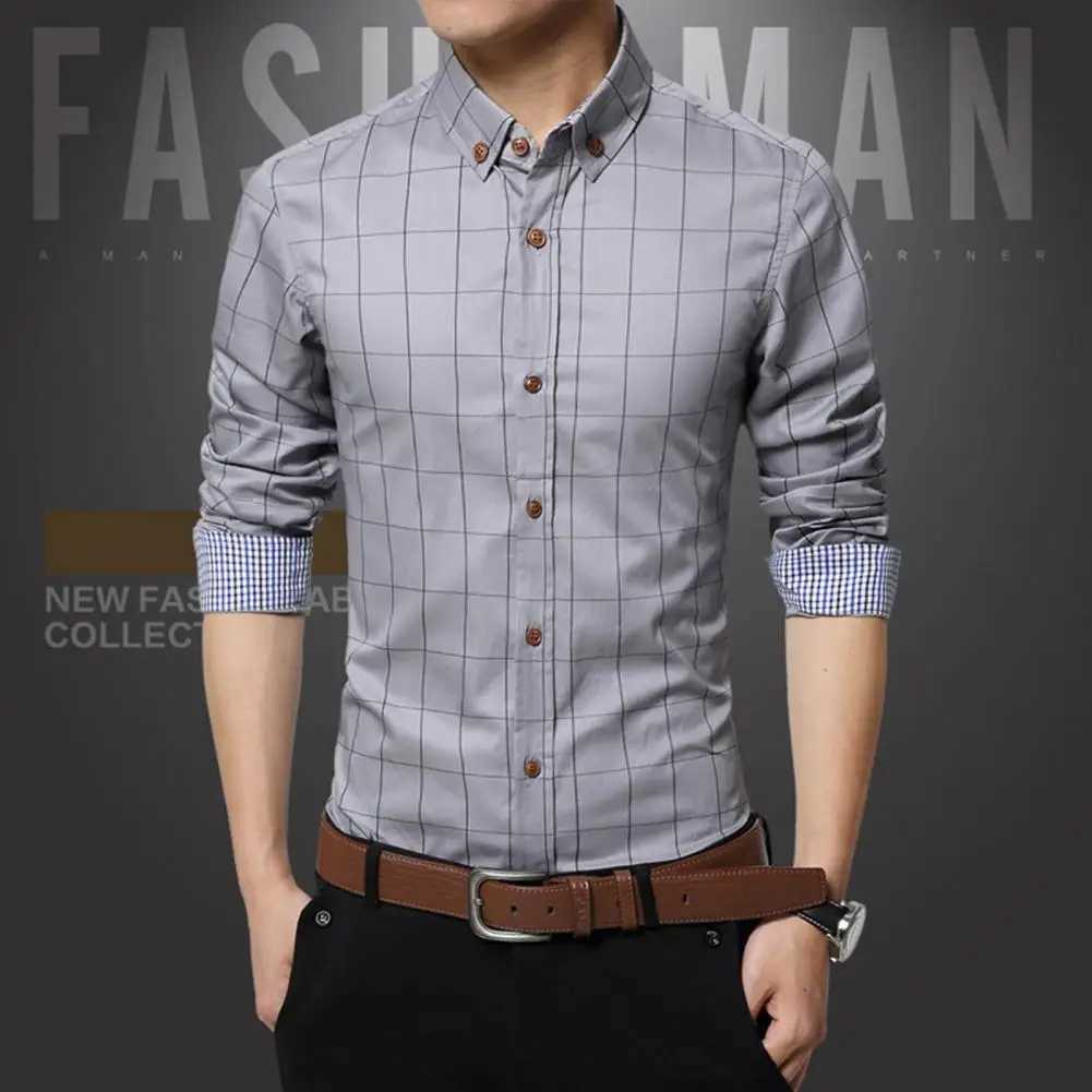 Men Shirt Plaid Print Long Sleeve Button Formal Single-breasted Warm Business Plus Size Autumn Top Male ClothesXJ24113