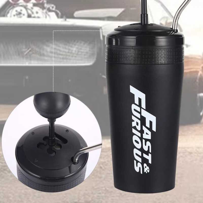 Stainless steel car water bottle with straw beverage bottle quick and angry 10 hot cups covered rocker arm beverage set 500ml Y241114