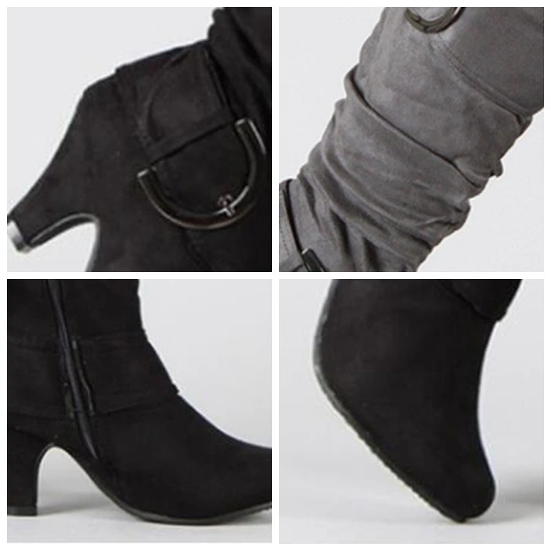 REALE CAT knee high boots autumn artificial suede wide pleated smooth buckle 5cm spike boots size 35-43 gray A4370 241113