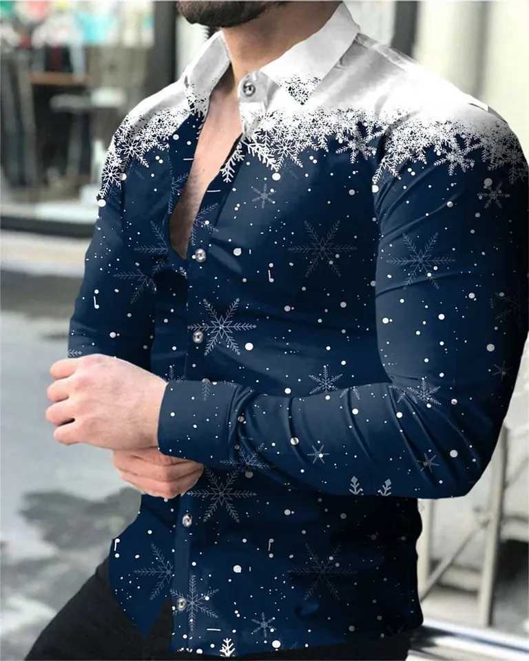 Classic Christmas snow element shirt printed long sleeved mens shirt fashionable casual shirt breathable and comfortable menXJ24113