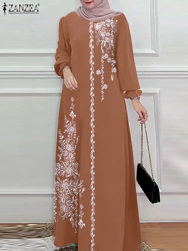 ZANZEA Womens Vintage Long Sleeve Abaya Maxi Sundress Fashion Marocain Dubai Vestido Robe Women Flower Print Muslim Dress 241111