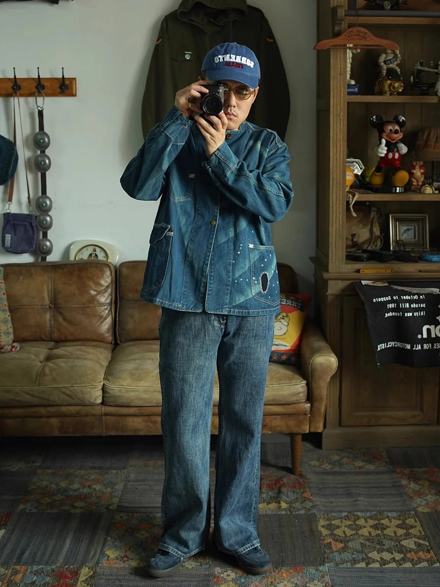 Second Order Denim Engineer Jacket For Men Selvedge Jean Chore Coat Washed Blue 240408