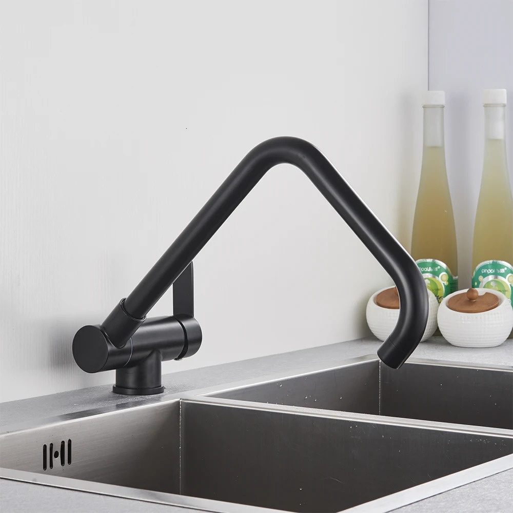 Matte black interior window folding kitchen faucet deck installation dual-mode and cold mixer sink crane 360 rotation folding faucet 241112