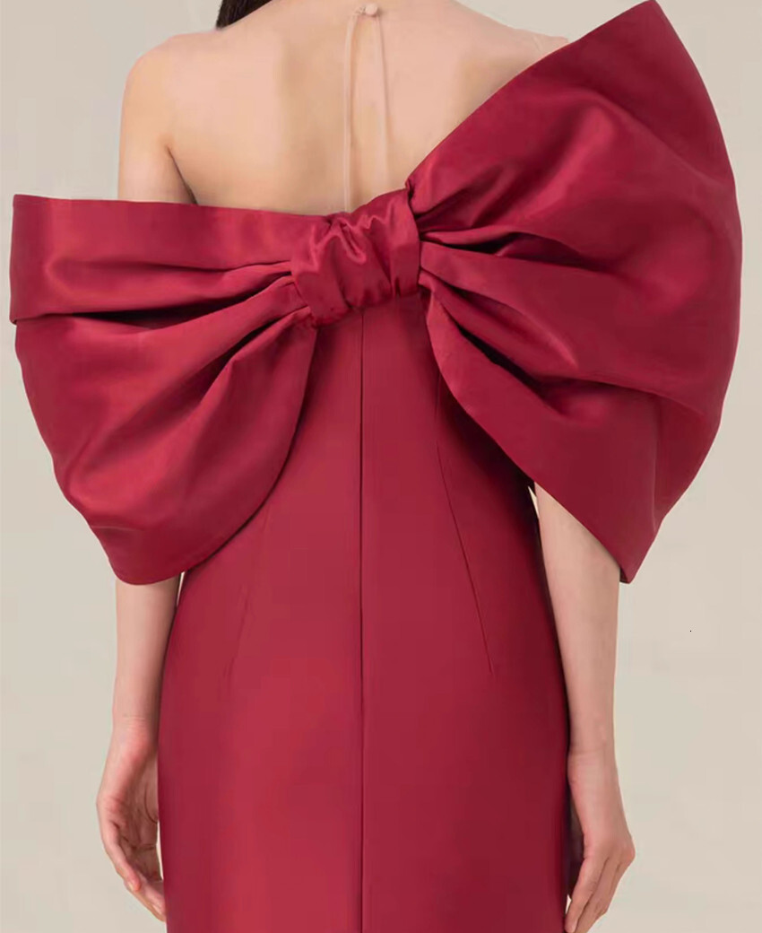 New Runway Fashion Summer Prom Party Pencil Dress French Women Sexy Off The Shoulder Back Large Bow Bodycon Split Midi Vestidos