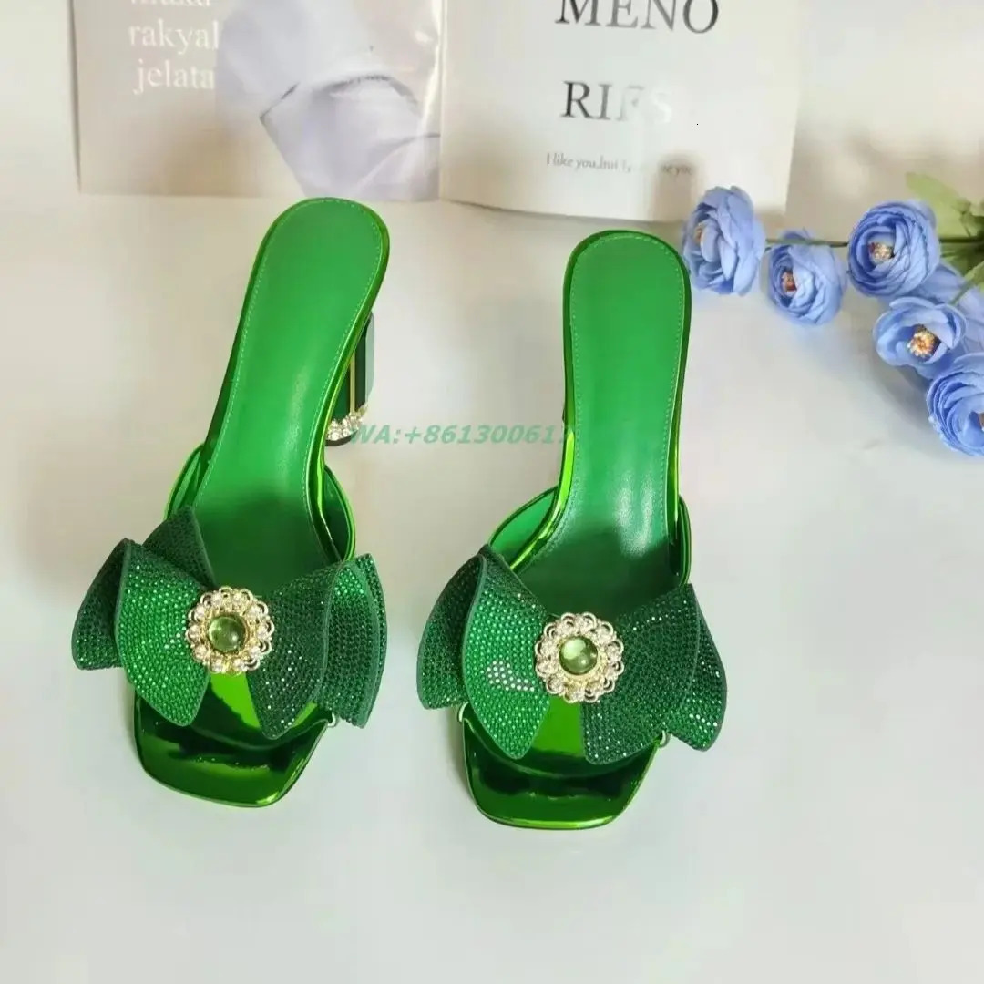 Jade Diamond Candy Bow Womens Dress High Heels Slide Toe Jewelry Water Diamond Outdoor Slide 241113