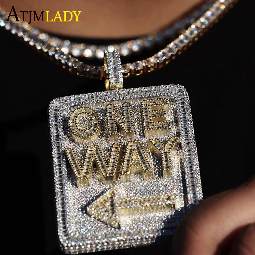 Hip Hop Geometric Rectangle Letter One Way Pendant Necklace Full Paved Cubic Zirconia Iced Out Bling 5A Cz Men Boy Jewelry 241113
