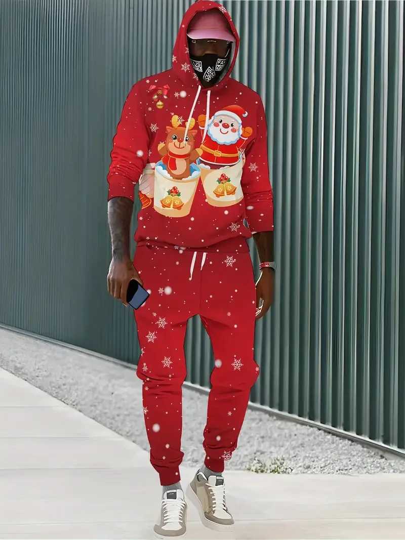 Mens Christmas Hoodie Set 3D Printed Adult and Child Two Piece Set Tracksuit New Years Party Couple Christmas Gift Extra Large Sweater Set X241113
