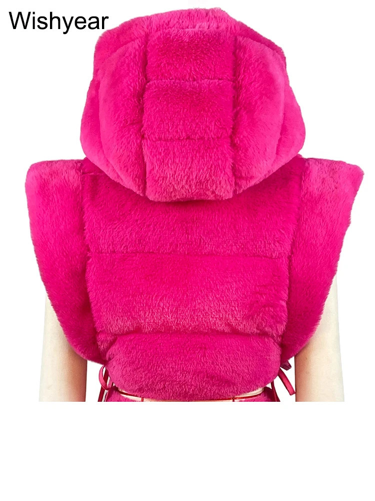 Fashionable winter warm plush hooded cotton vest womens sleeveless bandage side split crop jacket fluffy park coat Coats streetwear 241111