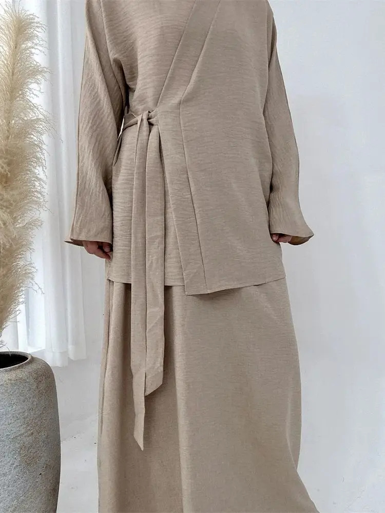 Eid Plain 2 Piece Abaya Set Tops Skirt Modest Muslim Sets Abayas For Women Clothing Robe Caftan Marocain Femme Musulmane Kaftan 241114