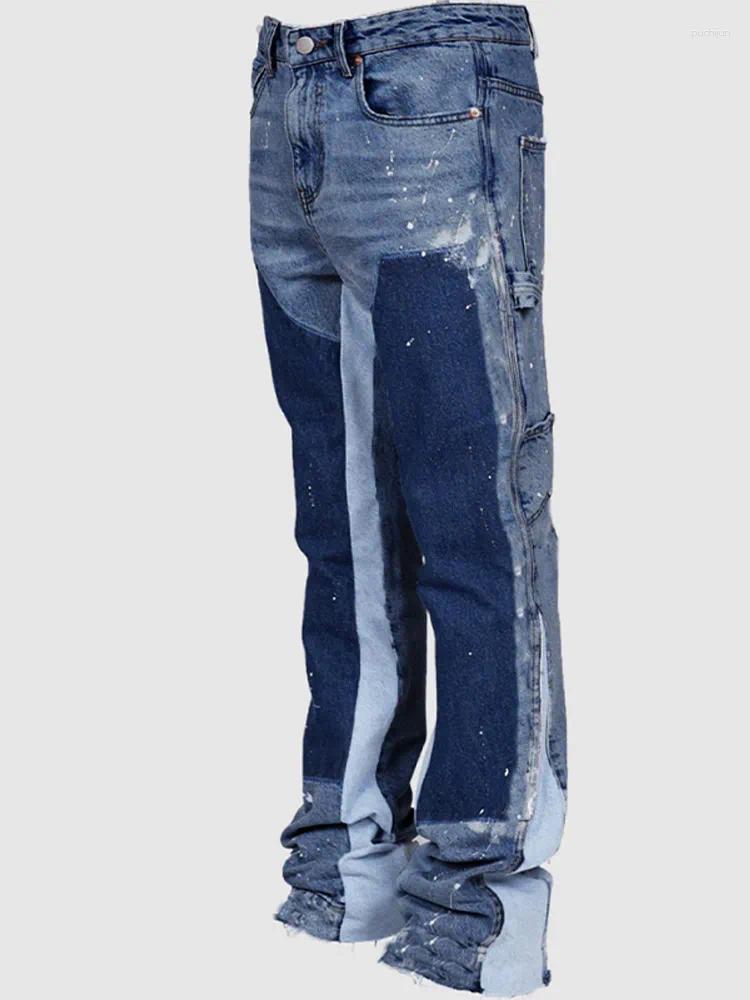 2025 S Fashion Designer Men S Jeans Fashion Cargo American Retro High Waist Tie Dye Patchwork Work Denim Pants Straight Layered Flared Trousers