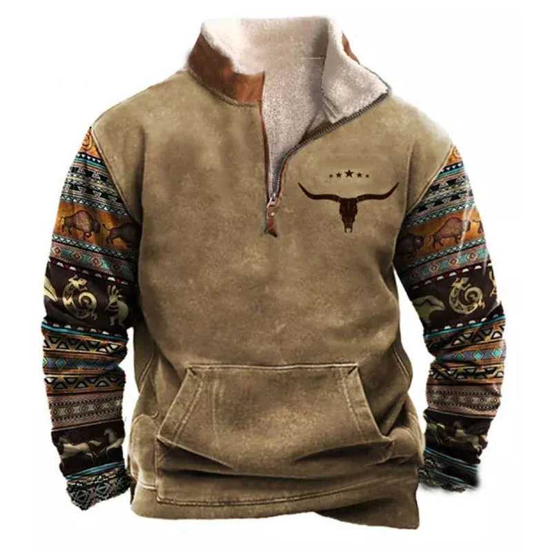 Retro patch work sweater mens wool hooded sweater autumn casual long sleeved zipper sportswear mens clothing winter casual zipper W241210