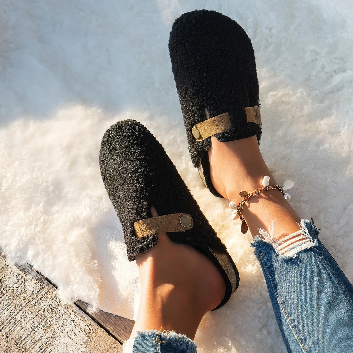 Women Slippers Mules Fur Women Shoes Winter Buckle Flats Platform Walking Plush Ladies Slides Casual Warm Indoor Boots Women 241114