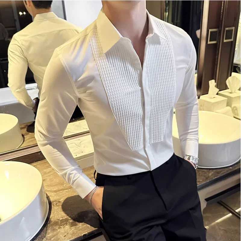 Groom Wedding Party Dress Shirt Mens Fashion Pleated Design Slim Fit Shirt Men Formal Long Sleeved Social Business TailcoatXJ24113