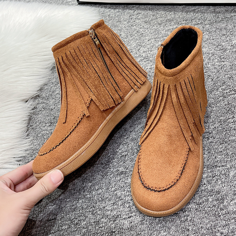 Winter women's new tassel boots, short leg side zipper low heel sponge sole, thick suede women's shoes