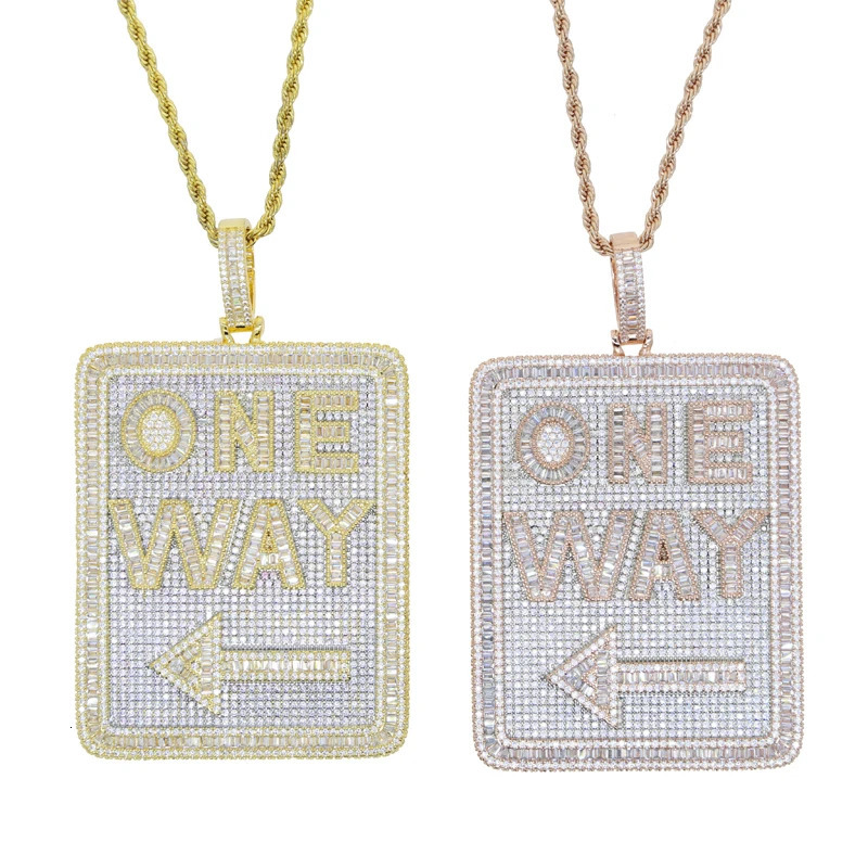 Hip Hop Geometric Rectangle Letter One Way Pendant Necklace Full Paved Cubic Zirconia Iced Out Bling 5A Cz Men Boy Jewelry 241113