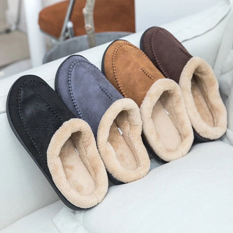 Mens Slippers Home Winter Indoor Plush Warm Shoes Thick Bottom Plush Waterproof Leather House Slippers Man Suede Cotton Shoes 241114