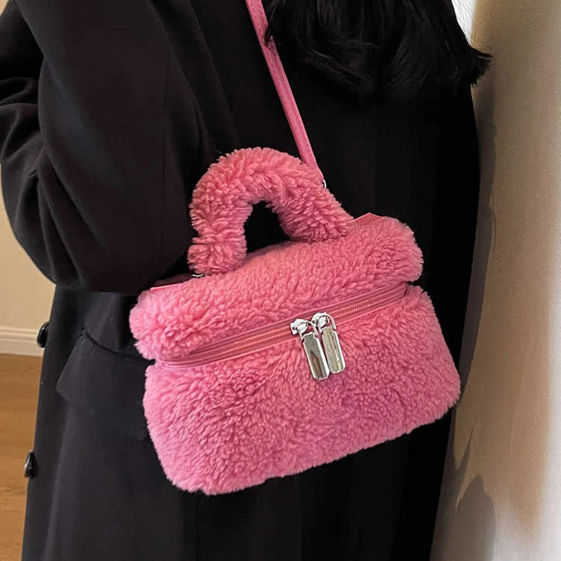 Lamb Wool Handbag For Women Autumn Winter Solid Color Soft Plush Small Square Bag Simple Versatile One Shoulder Crossbody Bags 241114