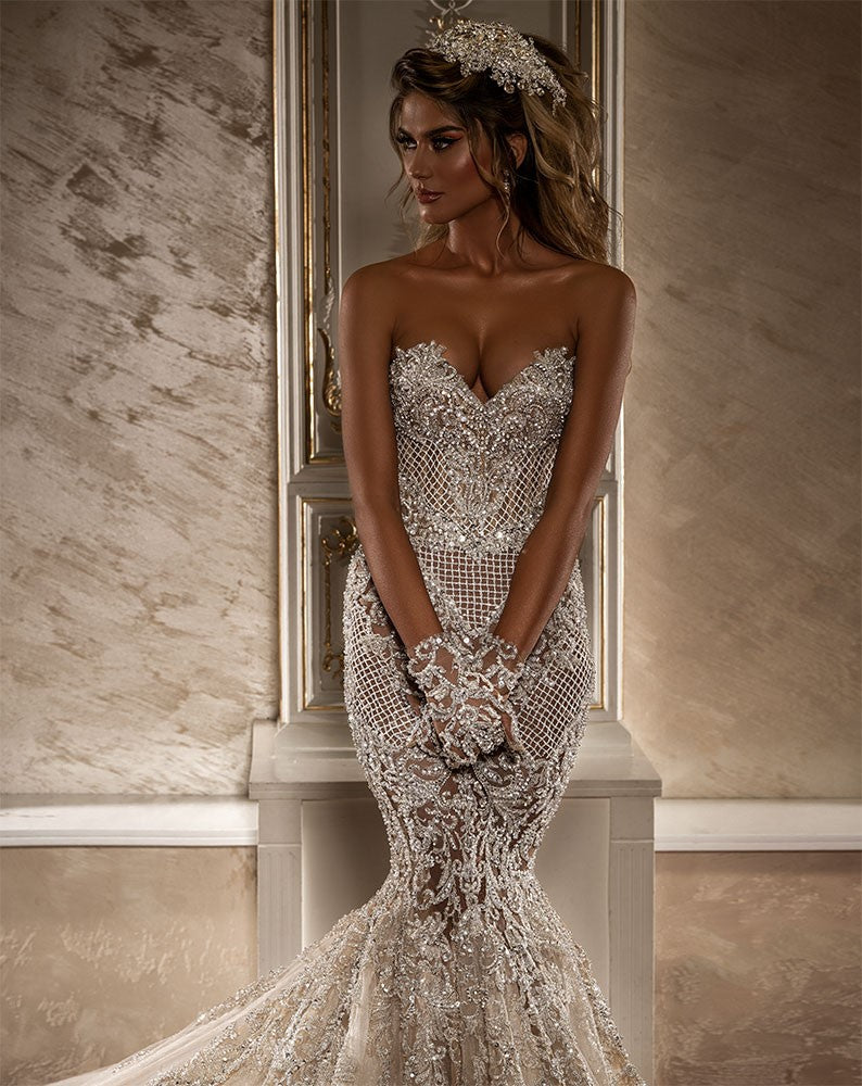 Modern Crystals Beaded Satin Wedding Dress With Detachable Train Long Sleeves Chapel Bridal Gowns Pleats White Garden Bride Dresses Spring Vestido De 