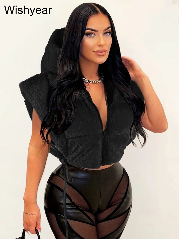 Fashionable winter warm plush hooded cotton vest womens sleeveless bandage side split crop jacket fluffy park coat Coats streetwear 241111